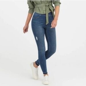 Spanx Blue Jeanish High Rise Distressed Skinny Ankle Jeans